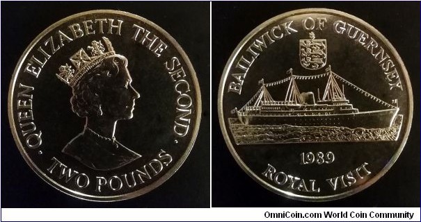 Guernsey 2 pounds. 1989, Royal Visit. HMY Britannia. Cu-ni. Weight; 28,28g. Diameter; 38,61mm. Mintage: 5.000 pcs.