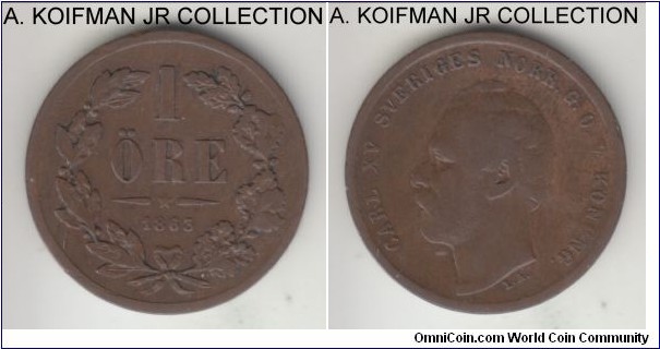 KM-705, 1863 Sweden ore; bronze, plain edge; Carl XV Adolf, brown about very fine.
