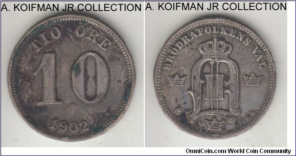 KM-755, 1902 Sweden 10 ore; silver, plain edge; Oscar II, late and common year, about very fine details, old cleaning.
