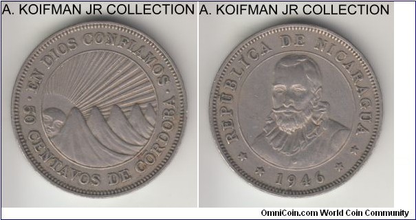 KM-19.1, 1950 Nicaragua 50 centavos, Royal Mint (London); copper-nickel, lettered edge BNN; smaller mintage year, extra fine or about.