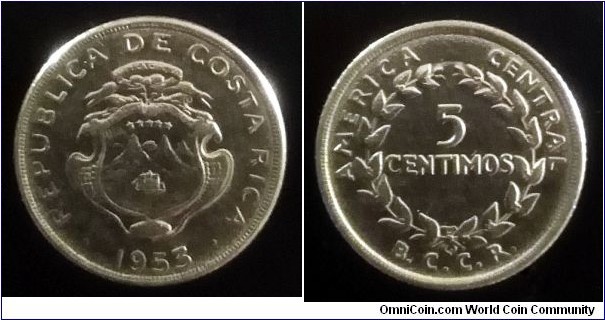 Costa Rica 5 centimos. 1953, Stainless steel. Philadelphia Mint.