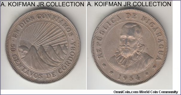 KM-19.1, 1954 Nicaragua 50 centavos, Royal Mint (London); copper-nickel, lettered edge BNN; extra fine or about, old cleaning and re-toned.