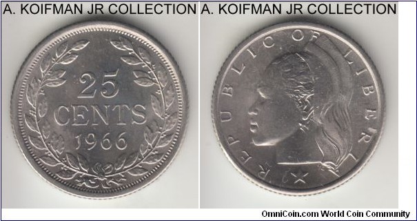 KM-16a.1, 1966 Liberia 25 cents, Royal Mint (London); copper-nickel, reeded edge; first year of the type and scarcer in high grades, nice uncirculated specimen.