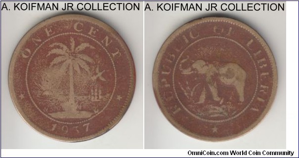 KM-11, 1937 Liberia cent, Brussels mint; nickel-brass, plain edge; 1-year type, well circulated.