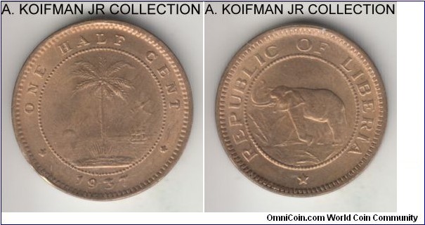 KM-10, 1937 Liberia half cent, Brussells mint; nickel-brass, plain edge; 1- year type, uncirculated and lightly toned.