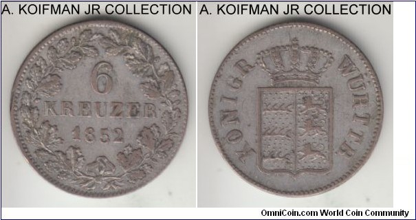 KM-590, 1855 German States Wurttemberg kreuzer; silver, plain edge with indentations; King Wilhelm I, about extra fine grade for this billon coin.
