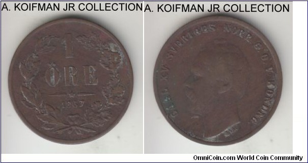 KM-705, 1867 Sweden ore; bronze, plain edge; Carl XV Adolf, good fine details, deposits in devices.