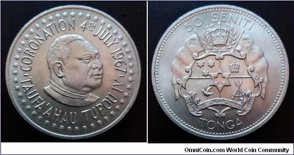 Tonga 50 seniti. 1967, Coronation of Taufa'ahau Tupou IV. Cu-ni. Weight; 18,31g. Diameter; 34,5mm. Mintage: 15.000 pcs. 