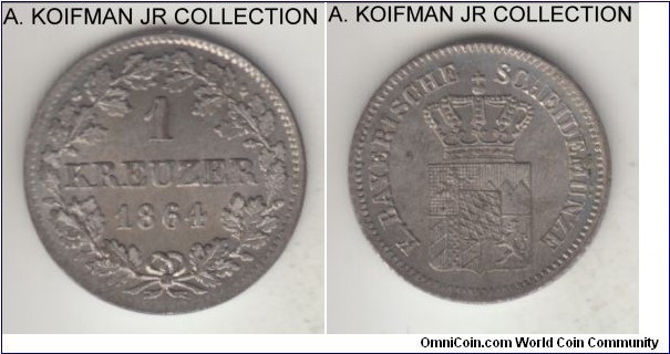 KM-858, 1864 German State Bavaria kreuzer; silver, plain edge; King Maximilian II, nicer choice uncirculated with light obverse toning.