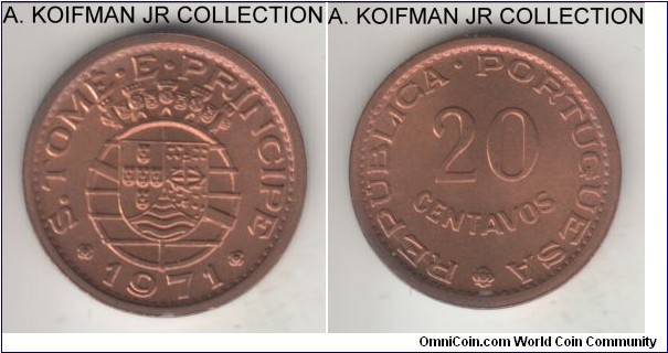 KM-16.2, 1971 San Thomas and Prince 20 centavos; bronze, plain edge; late Portuguese colonial issue, 1-year type, mostly red uncirculated.