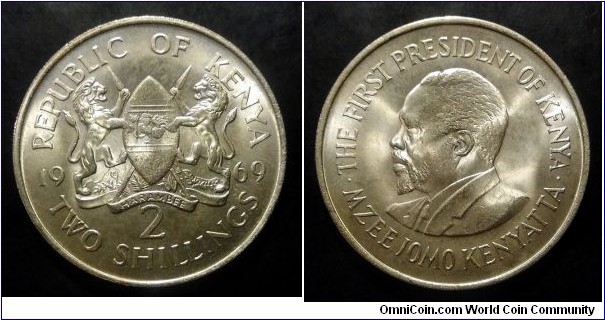 Kenya 2 shillings. 1969, With legend on reverse. Rare. Mintage: 100.000 pcs.