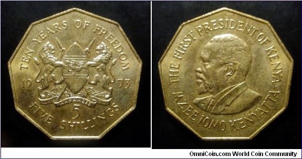Kenya 5 shillings. 1973, 10th Anniversary of Independence. Quite scarce. Mintage: 100.000 pcs.