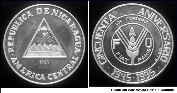 Nicaragua 1 cordoba. 1995, 50th Anniversary F.A.O. Ag 825. Weight; 14,7g. Diameter; 30mm. Proof. Mintage: 2.200 pcs.