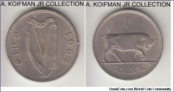 KM-14a, 1964 Ireland shilling; copper-nickel, reeded edge; decent extra fine details, obverse edge nick.