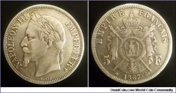 France 5 francs. 1867 A, Napoleon III. Ag 900. Weight; 25g. Diameter; 37mm.