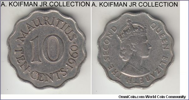 KM-33, 1960 Mauritus 10 cents; copper nickel, plain edge, scalloped flan; Elizabeth II, key year with small mintage of 50,000, very fine or so, cleaned.