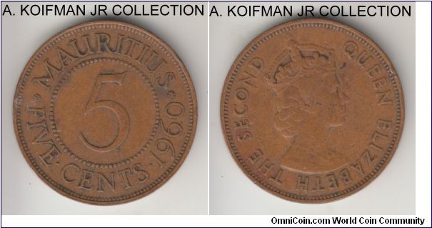 KM-34, 1960 Mauritus 5 cents; bronze, plain edge; Elizabeth II, good fine or so.
