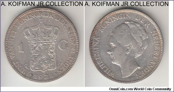 KM-161.1, 1924 Netherlands gulden; silver, incuse lettered edge; Wilhelmina, very fine or better details, cleaned.