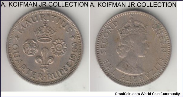 KM-36, 1960 Mauritus 1/2 rupee; copper nickel, reeded edge; Elizabeth II, first year of the type, good very fine details, dirty.