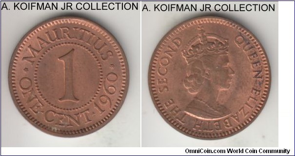 KM-31, 1960 Mauritus cent; bronze, plain edge; Elizabeth II, mostly red uncirculated.