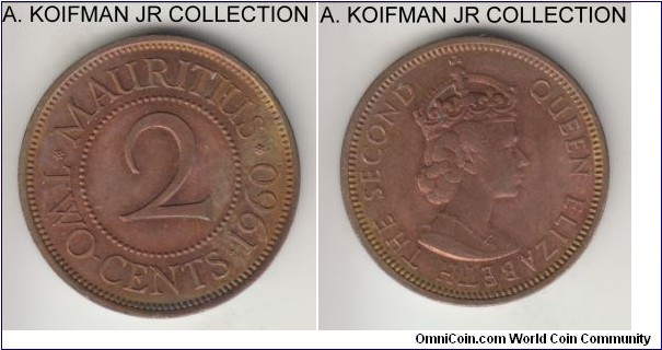 KM-31, 1960 Mauritus cent; bronze, plain edge; Elizabeth II, scarcert year, multi-hued and mostly brown uncirculated.