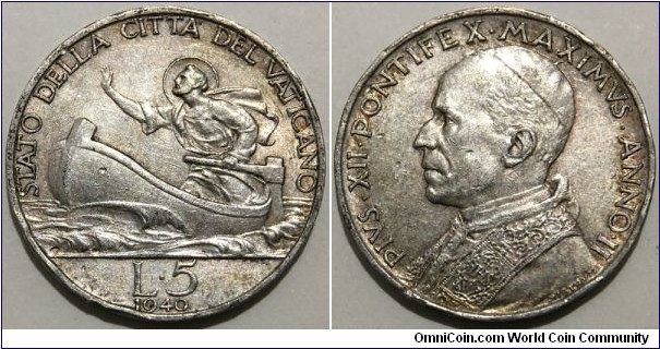 5 Lire (Vatican City State / Pope Pius XII // SILVER 0.835 / 5g / ⌀23mm / Low Mintage: 100.000 pcs) 