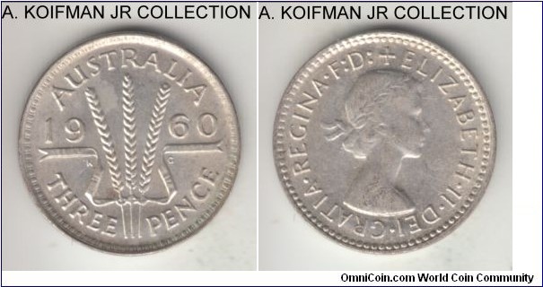 KM-57, 1960 Australia 3 pence, Melbourne mint (no mint mark); silver, plain edge; Elizabeth II, last pre-decimal type, weak obverse, extra fine or so.