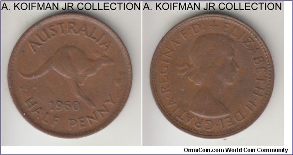 KM-61, 1960 Australia 1/2 penny, Perth mint (dot after PENNY); bronze, plain edge; Elizabeth II, light brown good very fine.