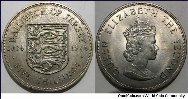 5 Shillings (Bailiwick of Jersey - British Crown Dependencies / Queen Elizabeth II / 900th Anniversary of the Battle of Hastings // Copper-Nickel / Mintage: 300.000 pcs)