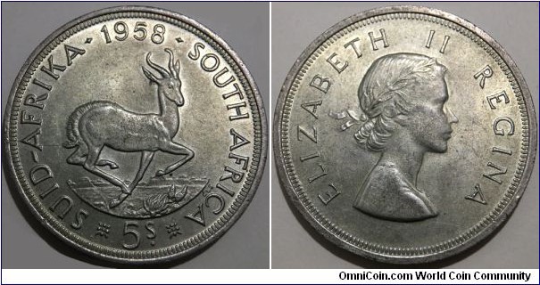 5 Shillings / 1 Crown (Union of South Africa / Queen Elizabeth II // SILVER 0.500 / 28.28g / ⌀38.61mm / Mintage: 233.000 pcs)