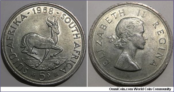 5 Shillings / 1 Crown (Union of South Africa / Queen Elizabeth II // SILVER 0.500 / 28.28g / ⌀38.61mm / Mintage: 233.000 pcs)