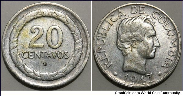 20 Centavos (Republic of Colombia // SILVER 0.500 / 5g / ⌀23.18mm)
