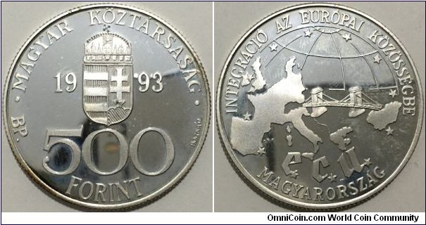 500 Forint (Hungarian Republic / European Currency Union - ECU // SILVER 0.925 / 31.46g / ⌀38.61mm / Low Mintage: 30.000 pcs / PROOF) 