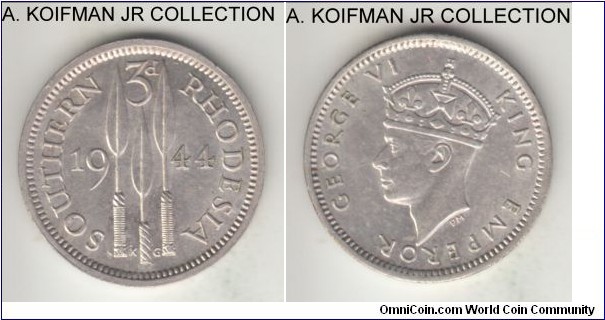KM-16a, 1944 Southern Rhodesia 3 pence; silver, plain edge; George VI, first of the 3-year type with reduced silver content, uncirculated or so.