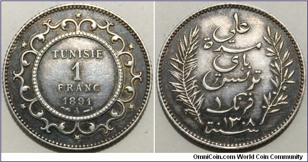 1 Franc (French protectorate of Tunisia / Bey of Tunis Ali III ibn al-Husayn 