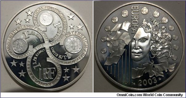 1½ Euro (5th French Republic / Europa Series : 1st Anniversary of Euro // SILVER 0.900 / 22.2g / ⌀37mm / Low Mintage: 24.501 pcs / PROOF) 