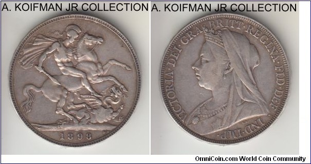 KM-783, 1898 Great Britain crown; silver, lettered edge; Victoria, regnal year LXII on edge, very fine, good rims.