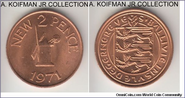 KM-22, 1971 Guernsey 2 new pence; bronze, plain edge; Elizabeth II, first decimal issue and a 1-year type, red uncirculated.