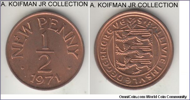 KM-20, 1971 Guernsey 1/2 pence; bronze, plain edge; Elizabeth II, first decimal issue and a 1-year type, red brown uncirculated.
