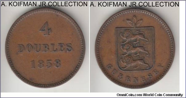 KM-4, 1858 Guernsey 4 doubles; copper, plain edge; Victoria period, good fine to almost very fine.