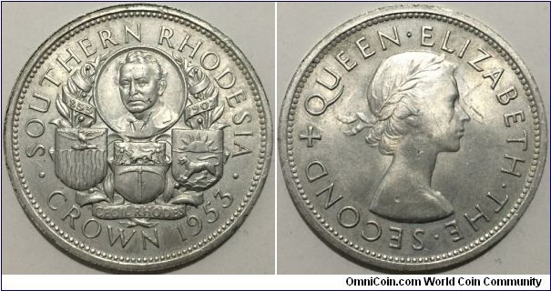 1 Crown (Southern Rhodesia - British Crown colony / Queen Elizabeth II / 100th Birthday of Cecil Rhodes // SILVER 0.500 / 28.28g / ⌀38.5mm / Mintage: 123.500 pcs)
