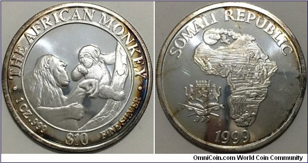 10 Dollars (Somali Republic - Token / The African Monkey - Chimpanzee // SILVER 0.999 / 31.2g / ⌀40.8mm / Thickness: 4 mm / PROOF)