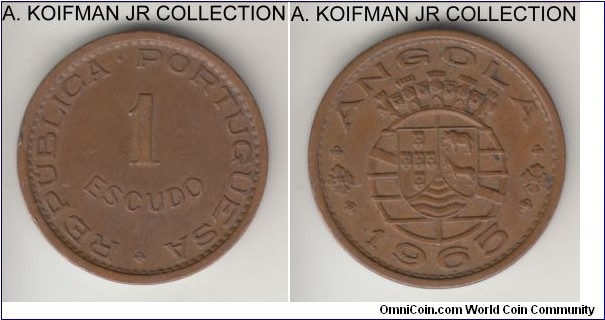 KM-76, 1965 Portuguese Angola escudo; bronze, plain edge; colonial period, light brown extra fine.