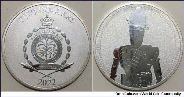 2 Dollars (Niue - Associated state of New Zealand / Queen Elizabeth II / Series: Star Wars - IG-11 // SILVER 0.999 / 31.1g / ⌀39mm / Thickness 2.98mm / Low Mintage: 25.000 pcs / Reverse PROOF)