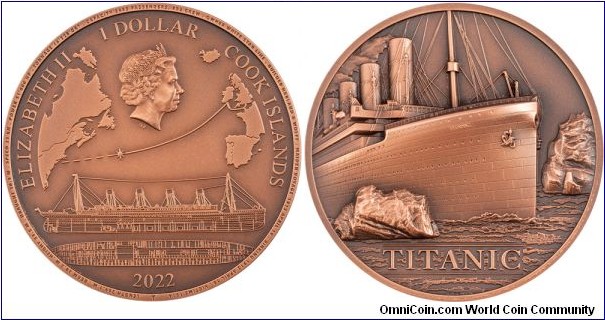 1 Dollar (Cook Islands - Associated state of New Zealand / Queen Elizabeth II / Series: Titanic // Copper 50g / Rare, Mintage: 5000 pcs / Ultra high relief / Antiqued)
