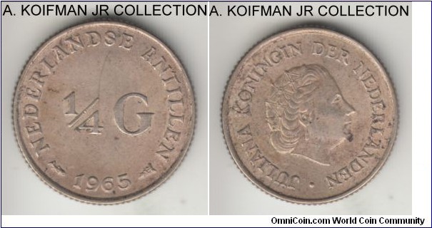 KM-4, 1965 Netherlands Antilles 1/4 gulden; silver, reeded edge; Juliana, toned good extra fine.