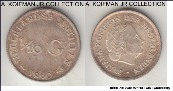 KM-3, 1960 Netherlands Antilles 1/10 gulden; silver, reeded edge; Juliana, pleasantly toned uncirculated.