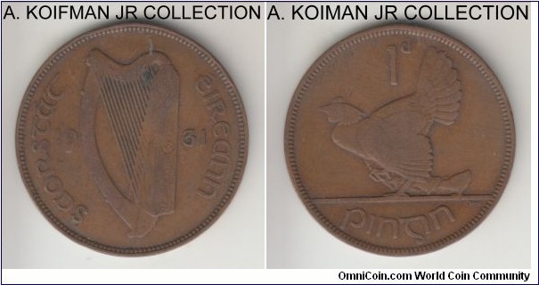 KM-3, 1933 Ireland penny; bronze, plain edge; Irish Free States, average good fine to very fine.