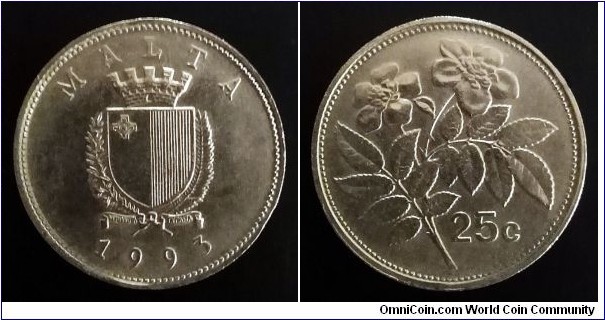 Malta 25 cents. 1993