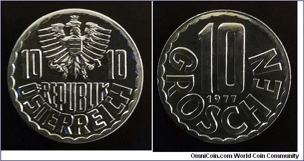 Austria 10 groschen  from 1977 proof coin set. Mintage: 44.000 pcs.